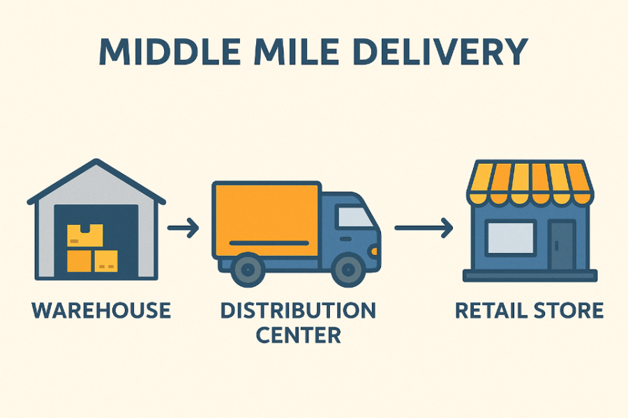  Ilustrasi middle mile delivery dalam rantai logistik, menunjukkan transportasi barang antargudang menggunakan truk distribusi skala besar